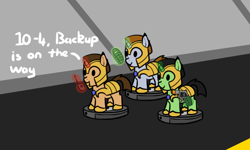 Size: 872x524 | Tagged: safe, artist:neuro, female, grenade, guardsmare, gun, mare, ponies riding roombas, roomba, royal guard, talking, walkie talkie, weapon