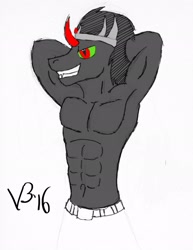 Size: 1583x2048 | Tagged: safe, artist:vitaminbob, king sombra, unicorn, anthro, g4, abs, arm behind head, armpits, bust, male, muscles, smiling, smirk, solo, traditional art