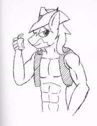 Size: 1582x2048 | Tagged: safe, artist:vitaminbob, braeburn, earth pony, anthro, g4, abs, apple, braebuff, eating, food, herbivore, lineart, male, monochrome, muscles, muscular male, solo