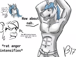 Size: 2048x1536 | Tagged: safe, artist:vitaminbob, oc, oc only, rat, unicorn, anthro, angry, armpits, bust, clothes, dialogue, horn, muscles, shorts, smiling, smirk, unicorn oc