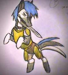 Size: 240x266 | Tagged: safe, artist:vitaminbob, earth pony, pony, knife, male, mouth hold, rearing, solo, stallion, traditional art