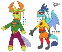 Size: 900x750 | Tagged: artist needed, safe, princess ember, thorax, changedling, changeling, dragon, g4, bipedal, commission, elastic, king thorax, mask, simple background, superhero, white background