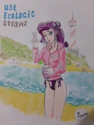 Size: 3000x4000 | Tagged: safe, artist:u_to.01, rarity, human, equestria girls, g4, ;p, beach, bikini, bikini bottom, clothes, complex background, drink, female, hoodie, lighthouse, one eye closed, peace sign, pier, solo, swimsuit, tongue out, traditional art