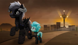 Size: 800x467 | Tagged: safe, artist:jhayarr23, oc, oc only, oc:tenebrae moonfallen, oc:windy breeze, bat pony, pony, armor, black sclera, female, filly, foal, heterochromia, horns, male, stallion