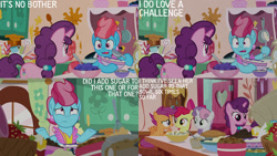 Size: 1280x720 | Tagged: safe, edit, edited screencap, editor:quoterific, screencap, apple bloom, cup cake, scootaloo, sugar belle, sweetie belle, earth pony, pegasus, pony, unicorn, g4, season 9, the big mac question, apple bloom's bow, bow, cutie mark crusaders, female, filly, foal, hair bow, mare, open mouth, sugarcube corner