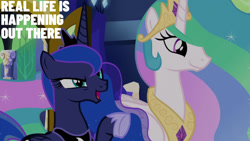 Size: 1280x720 | Tagged: safe, edit, edited screencap, editor:quoterific, screencap, princess celestia, princess luna, alicorn, pony, between dark and dawn, g4, season 9, crown, duo, duo female, female, hoof shoes, jewelry, mare, open mouth, open smile, raised hoof, regalia, royal sisters, siblings, sisters, smiling, twilight's castle