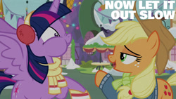 Size: 1280x720 | Tagged: safe, edit, edited screencap, editor:quoterific, screencap, applejack, twilight sparkle, alicorn, earth pony, pony, best gift ever, g4, applejack's hat, clothes, cowboy hat, ear fluff, female, hat, mare, open mouth, open smile, smiling, spread wings, twilight sparkle (alicorn), wings, winter outfit