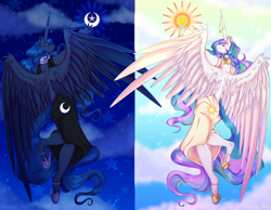 Size: 4500x3500 | Tagged: safe, artist:damon_ekel, princess celestia, princess luna, alicorn, anthro, unguligrade anthro, g4, clothes, diptych, dress, equine, equined anthro, eyes closed, female, hoof shoes, horn, horned anthro, horns, moon, praise the moon, praise the sun, princess of the night, princess of the sun, royal, royal sisters, royalty, siblings, sisters, smiling, spread wings, sun, winged anthro, wings
