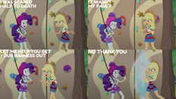 Size: 1280x720 | Tagged: safe, edit, edited screencap, editor:quoterific, screencap, applejack, rarity, equestria girls, g4, my little pony equestria girls: legend of everfree, applejack's hat, bracelet, camp everfree outfits, cowboy hat, duo, duo female, female, hat, helmet, jewelry, open mouth, open smile, smiling