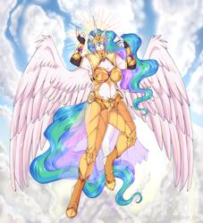 Size: 3400x3750 | Tagged: safe, artist:damon_ekel, princess celestia, alicorn, anthro, unguligrade anthro, g4, armor, belly button, eyes closed, female, flying, high res, praise the sun, sol invictus, solo, spread wings, unconvincing armor, warrior, warrior celestia, wings
