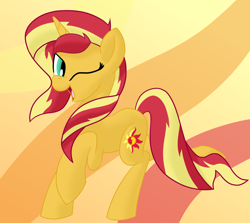 Size: 2369x2111 | Tagged: safe, artist:notadeliciouspotato, sunset shimmer, pony, unicorn, g4, female, gradient background, high res, mare, one eye closed, open mouth, raised leg, smiling, solo, wink