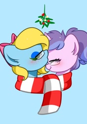 Size: 1388x1976 | Tagged: safe, artist:kittyrosie, oc, oc only, oc:steamy, oc:sugar sweet, earth pony, pony, unicorn, blushing, clothes, commission, cute, duo, eyes closed, glasses, holly, kiss on the head, kissing, mistleholly, oc x oc, ocbetes, scarf, shared clothing, shared scarf, shipping, simple background, striped scarf, ych result
