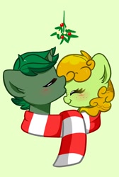 Size: 1350x2006 | Tagged: safe, artist:kittyrosie, oc, oc:emerald circuit, oc:hunny bun, pegasus, pony, unicorn, blushing, clothes, commission, cute, duo, eyes closed, holly, kiss on the head, kissing, mistleholly, oc x oc, ocbetes, scarf, shared clothing, shared scarf, shipping, simple background, striped scarf, ych result