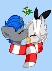 Size: 1398x1898 | Tagged: safe, artist:kittyrosie, oc, griffon, pony, unicorn, blushing, clothes, commission, cute, duo, eyes closed, griffon oc, holly, kiss on the head, kissing, mistleholly, oc x oc, ocbetes, scarf, shared clothing, shared scarf, shipping, simple background, striped scarf, ych result