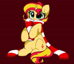 Size: 3897x3374 | Tagged: safe, artist:kittyrosie, sunset shimmer, pony, unicorn, g4, blushing, christmas, clothes, cute, high res, holiday, scarf, shimmerbetes, simple background, solo, striped scarf