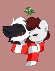 Size: 1508x1936 | Tagged: safe, artist:kittyrosie, oc, pony, blushing, clothes, commission, cute, eyes closed, furry, furry oc, holly, kiss on the head, kissing, oc x oc, ocbetes, scarf, shared clothing, shared scarf, shipping, simple background, striped scarf, ych result