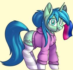 Size: 1053x1010 | Tagged: safe, oc, oc only, oc:thin mint, crystal pony, pony, unicorn, bisexual pride flag, clothes, flag, hoodie, pride, pride flag, socks, solo