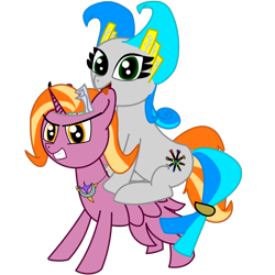 Size: 1600x1600 | Tagged: safe, artist:knife smile, oc, oc only, oc:knife smile, alicorn, earth pony, pony, 2022 community collab, derpibooru community collaboration, alicorn oc, duo, earth pony oc, eyelashes, green eyes, horn, ponies riding ponies, riding, simple background, sitting, standing, tail, transparent background, two toned mane, two toned tail, wings