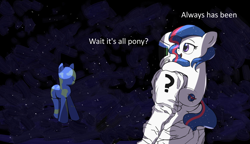 Size: 2500x1435 | Tagged: source needed, safe, artist:vultraz, oc, oc:anon, oc:nasapone, earth pony, human, pony, always has been, astronaut, dialogue, earth, planet, ponies riding humans, ponified, riding, rule 85, space, spacesuit, trio