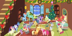 Size: 5760x2880 | Tagged: safe, anonymous artist, apple bloom, applejack, big macintosh, braeburn, cloudy quartz, fluttershy, gentle breeze, granny smith, igneous rock pie, limestone pie, marble pie, maud pie, pinkie pie, posey shy, rainbow dash, rarity, spike, toe-tapper, torch song, twilight sparkle, zephyr breeze, oc, oc:late riser, alicorn, earth pony, pegasus, pony, unicorn, series:fm holidays, series:hearth's warming advent calendar 2021, g4, absurd resolution, accessory swap, advent calendar, applejack is not amused, baby, baby pony, bedroom eyes, christmas, christmas tree, colt, drink, drinking, drunk, drunk bubbles, eggnog, female, filly, fluttershy's cottage, foal, frown, grandmother and grandchild, grandmother and grandson, hat, holding a pony, holiday, lampshade, lampshade hat, lineless, male, mane seven, mane six, mare, mistletoe, offspring, parent:big macintosh, parent:fluttershy, parents:fluttermac, party, pointy ponies, punch bowl, rainbow dash is not amused, ribbon, ship:fluttermac, shipping, signing, smiling, stallion, straight, tree, twilight sparkle (alicorn), unamused, wavy mouth, wreath
