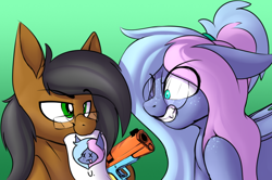 Size: 760x506 | Tagged: safe, artist:notetaker, oc, oc:notetaker, oc:sleepystar, bat pony, earth pony, pony, angry, freckles, glasses, male, paper, this will not end well, toy gun