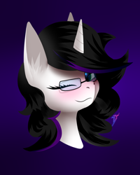 Size: 2000x2500 | Tagged: safe, artist:skanim-sdw, oc, oc only, oc:silver predator, pony, unicorn, blushing, bust, female, glasses, high res, looking at you, mare, one eye closed, simple background