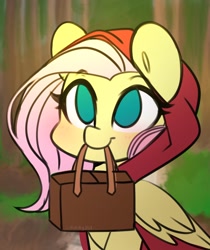 Size: 1718x2048 | Tagged: safe, artist:sakukitty, fluttershy, pegasus, pony, basket, cute, female, hood, little red riding hood, mare, mouth hold, no pupils, shyabetes, smiling, solo