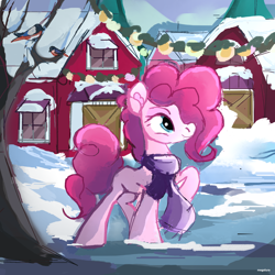 Size: 1600x1601 | Tagged: safe, artist:megalura, pinkie pie, bird, earth pony, pony, g4, barn, clothes, female, mare, scarf, snow, solo, winter