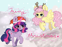 Size: 2048x1536 | Tagged: safe, artist:roseyjin, fluttershy, twilight sparkle, alicorn, pegasus, pony, g4, antlers, christmas, cute, duo, female, hat, holiday, mare, merry christmas, reindeer antlers, santa hat, shyabetes, snow, snowfall, twiabetes, twilight sparkle (alicorn)