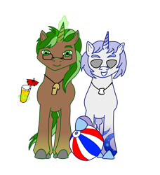 Size: 1330x1456 | Tagged: safe, artist:assertiveshypony, derpibooru exclusive, oc, oc:green scroll, oc:snowmoon, pony, unicorn, 2022 community collab, derpibooru community collaboration, beach ball, glasses, juice, looking at you, magic, shell, simple background, sunglasses, transparent background, whistle, whistle necklace