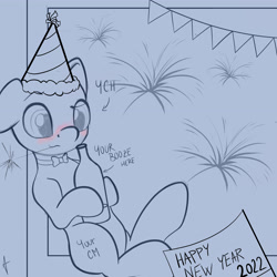 Size: 3840x3840 | Tagged: safe, artist:appleneedle, oc, pony, 2022, alcohol, auction, booze, bottle, celebration, commission, drink, fireworks, happy new year, happy new year 2022, hat, high res, holiday, mouth hold, one ear down, party, party hat, solo, sparkler (firework), your character here