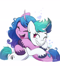 Size: 2480x2721 | Tagged: safe, artist:fanzeem, izzy moonbow, oc, pony, unicorn, g5, my little pony: a new generation, canon x oc, commission, duo, female, high res, hug, smiling