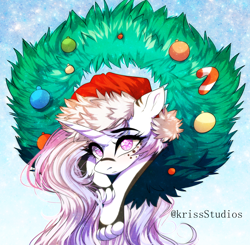 Size: 2548x2500 | Tagged: safe, artist:krissstudios, oc, pony, unicorn, candy, candy cane, christmas, christmas wreath, female, food, hat, high res, holiday, mare, santa hat, solo, wreath