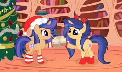 Size: 1024x605 | Tagged: safe, artist:velveagicsentryyt, oc, oc:galaxy swirls, oc:velvet sentry, pony, unicorn, christmas, christmas tree, clothes, female, golden oaks library, hat, holiday, mare, offspring, parent:flash sentry, parent:twilight sparkle, parents:flashlight, santa hat, siblings, sisters, socks, tree