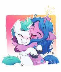 Size: 2480x2924 | Tagged: safe, artist:fanzeem, izzy moonbow, oc, pony, unicorn, g5, my little pony: a new generation, canon x oc, commission, cute, duo, eyes closed, female, high res, hug, izzybetes, mare, smiling