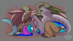 Size: 1577x889 | Tagged: safe, artist:beardie, oc, oc only, oc:spiral light, draconequus, countershading, cuddling, cute, draconequus oc