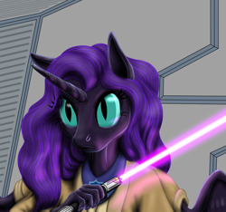 Size: 1024x960 | Tagged: safe, artist:vasillium, oc, oc only, oc:nyx, alicorn, anthro, unguligrade anthro, alicorn oc, clothes, crossover, cutie mark on clothes, dress, female, horn, jedi, lightsaber, mare, princess, robe, royalty, slit pupils, solo, star wars, weapon, wings