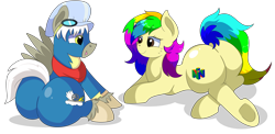 Size: 8900x4350 | Tagged: safe, artist:rainbowtashie, oc, oc:air brakes, oc:rainbow tashie, earth pony, pegasus, pony, butt, clothes, commissioner:bigonionbean, cutie mark, dummy thicc, earth pony oc, extra thicc, female, flank, fusion, fusion:caboose, goggles, hat, horn, lying down, male, mare, plot, scarf, sitting, stallion, uniform, wings, wonderbolts, wonderbolts uniform, writer:bigonionbean