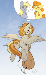 Size: 2084x3428 | Tagged: safe, artist:pledus, carrot top, derpy hooves, golden harvest, oc, oc only, oc:clumsy carrot, earth pony, pegasus, pony, g4, blushing, butt, carrot, commission, commissioner:bigonionbean, cutie mark, dialogue, female, flying, food, fusion, fusion:carrot top, fusion:derpy hooves, fusion:golden harvest, happy, high res, letter, mailbag, mailmare, mare, one eye closed, plot, sack, smiling, solo, spread wings, thought bubble, underhoof, wings, wink, writer:bigonionbean