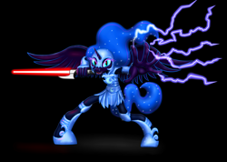 Size: 3066x2183 | Tagged: safe, artist:vasillium, nightmare moon, alicorn, anthro, unguligrade anthro, g4, armband, armor, black background, clothes, crossover, cutie mark on clothes, evil, female, force lightning, helmet, high res, horn, jewelry, lightsaber, mare, princess, regalia, royalty, shirt, shoes, simple background, sith, skirt, solo, star wars, weapon, wings