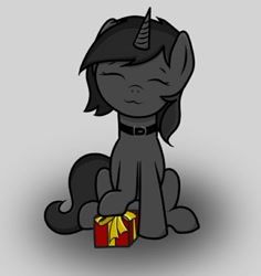 Size: 700x741 | Tagged: safe, artist:sundust, oc, oc only, oc:richard98, pony, unicorn, choker, collar, cute, eyes closed, horn, male, present, simple background, sitting, smiling, solo, stallion