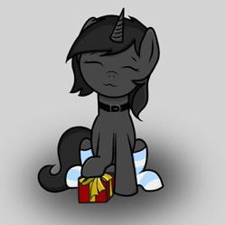 Size: 749x745 | Tagged: safe, artist:sundust, oc, oc only, oc:richard98, pony, unicorn, choker, clothes, collar, cute, eyes closed, horn, male, present, simple background, sitting, smiling, socks, solo, stallion, stockings, striped socks, thigh highs
