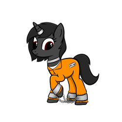 Size: 1024x1024 | Tagged: safe, artist:sundust, oc, oc only, oc:richard98, pony, unicorn, ankle cuffs, bondage, chains, clothes, collar, cuffs, horn, horn ring, jail, jumpsuit, magic suppression, male, png, prison, prison outfit, prisoner, raised hoof, restrained, ring, shackles, simple background, solo, stallion, transparent background