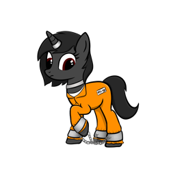 Size: 1024x1024 | Tagged: safe, artist:sundust, oc, oc only, oc:richard98, pony, unicorn, g4, ankle cuffs, bondage, chains, clothes, collar, cuffs, horn, horn ring, jail, jumpsuit, magic suppression, male, png, prison, prison outfit, prisoner, raised hoof, restrained, ring, shackles, simple background, solo, stallion, transparent background