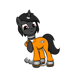 Size: 1024x1024 | Tagged: safe, artist:sundust, oc, oc only, oc:richard98, pony, unicorn, ankle cuffs, bondage, chains, clothes, collar, cuffs, horn, horn ring, injured, jail, jewelry, jumpsuit, magic suppression, male, png, prison, prison outfit, prisoner, raised hoof, restrained, ring, shackles, shirt, simple background, solo, stallion, transparent background, undershirt