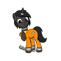 Size: 1024x1024 | Tagged: safe, artist:sundust, oc, oc only, oc:richard98, pony, unicorn, g4, ankle cuffs, bondage, chains, clothes, collar, cuffs, horn, horn ring, injured, jail, jewelry, jumpsuit, magic suppression, male, png, prison, prison outfit, prisoner, raised hoof, restrained, ring, shackles, shirt, simple background, solo, stallion, transparent background, undershirt