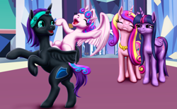 Size: 2575x1591 | Tagged: safe, artist:vasillium, princess cadance, princess flurry heart, twilight sparkle, oc, oc only, oc:nyx, alicorn, pony, g4, alicorn oc, aunt, aunt and niece, cousins, crystal castle, curtains, cutie mark, daughter, day, door, doorway, eyebrows, eyelashes, eyes closed, family, female, filly, foal, hallway, happy, headband, heart, horn, indoors, jewelry, mare, moon, mother, mother and child, mother and daughter, niece, open door, open mouth, parent and child, parent and foal, princess, regalia, rug, shield, sisters-in-law, sky, spread wings, standing, stars, twilight sparkle (alicorn), wall of tags, window, wings