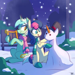 Size: 2000x2000 | Tagged: safe, artist:scribble-potato, bon bon, lyra heartstrings, sweetie drops, earth pony, pony, unicorn, g4, building, carrot, clothes, duo, duo female, female, food, hat, high res, lyre, mare, musical instrument, one eye closed, scarf, snow, snowpony, top hat
