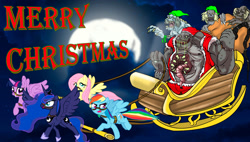 Size: 1600x907 | Tagged: safe, artist:urhangrzerg, fluttershy, princess luna, rainbow dash, twilight sparkle, alicorn, pegasus, pony, undead, g4, christmas, crossover, holiday, twilight sparkle (alicorn)