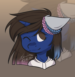 Size: 984x1022 | Tagged: safe, artist:lunciakkk, oc, oc only, oc:hoki, pony, unicorn, bust, floppy ears, gift art, one eye closed, portrait, solo, zoom layer